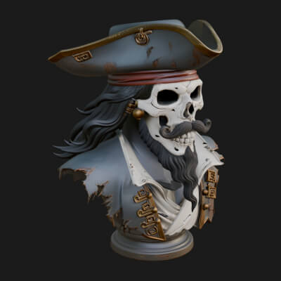 Pirate Skull in Tricorn Bust Statue Design 9 3D Print