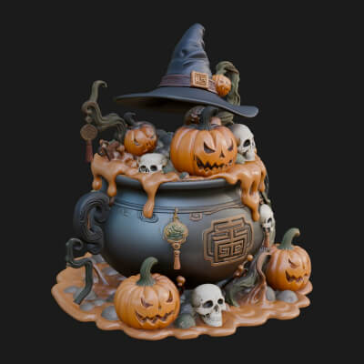 Pumpkin Cauldron Statue Design 1 3D Print Model
