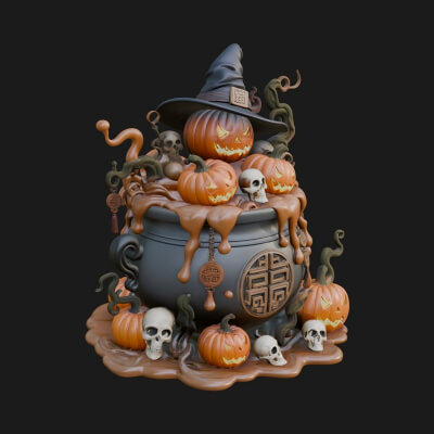 Pumpkin Cauldron Statue Design 2 3D Print Model