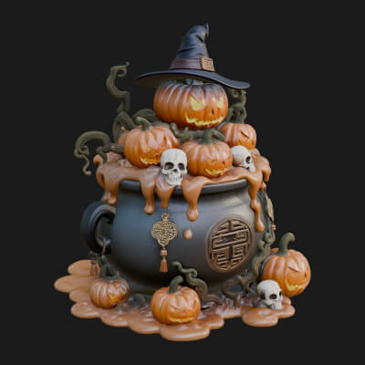 Pumpkin Cauldron Statue Design 3 3D Print Model