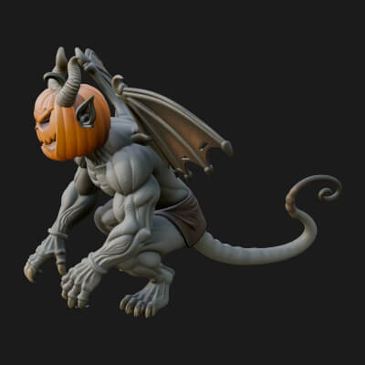 Pumpkin-Headed Gargoyle Statue Design 3 3D Print Model