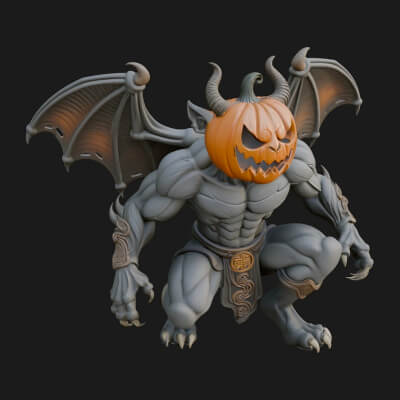 Pumpkin-Headed Gargoyle Statue Design 4 3D Print Model