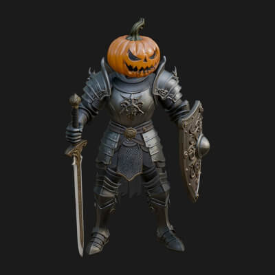 Pumpkin-Headed Knight Statue Design 3 3D Print Model