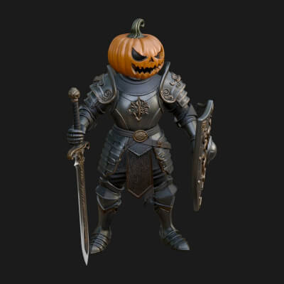 Pumpkin-Headed Knight Statue Design 4 3D Print Model