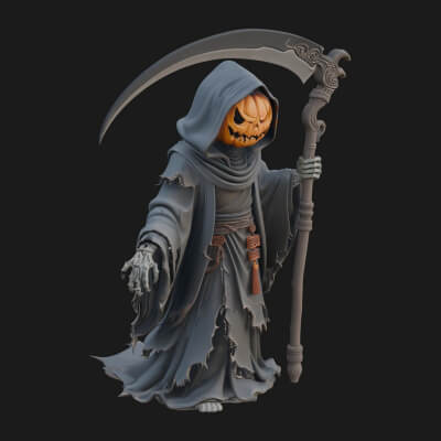 Pumpkin-Headed Reaper Statue Design 3 3D Print Model