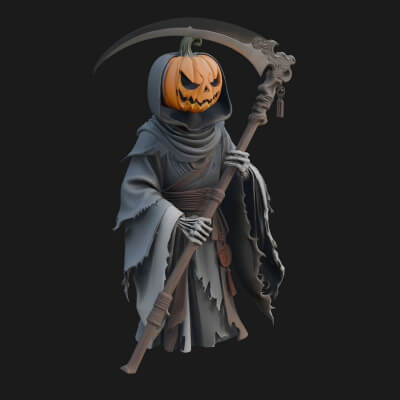 Pumpkin Headed Reaper Statue Design 4 3D Print Model