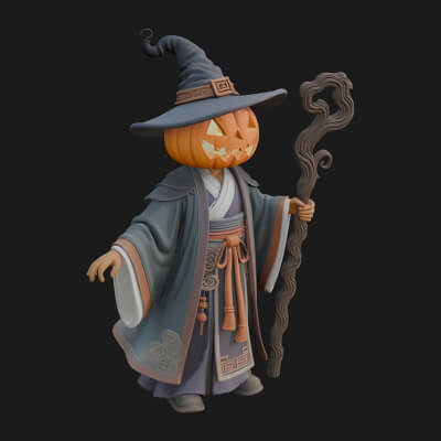 Pumpkin-Headed Witch Statue Design 1 3D Print Model
