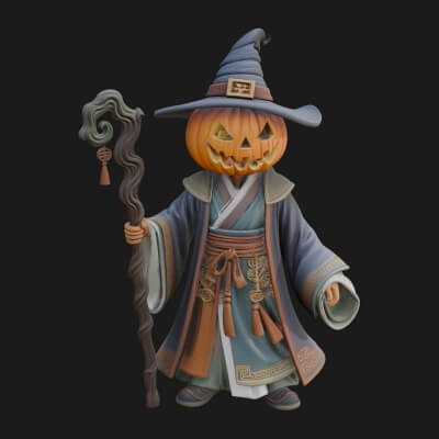 Pumpkin-Headed Witch Statue Design 3 3D Print Model