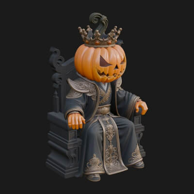 Pumpkin King on Throne Statue Design 3 3D Print Model