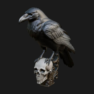 Raven on Skull Statue Design 1 3D Print Model