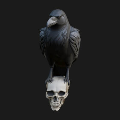 Raven on Skull Statue Design 3 3D Print Model
