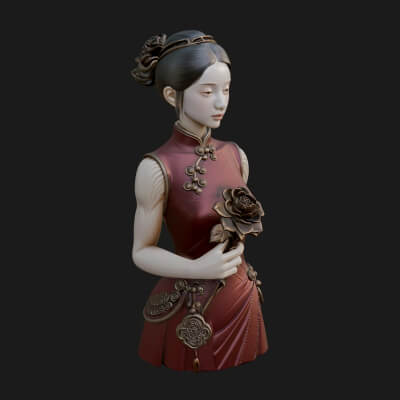 Red Qipao Lady Bust Design 2 3D Print Model