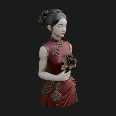 Red Qipao Lady Bust Design 2 3D Print Model