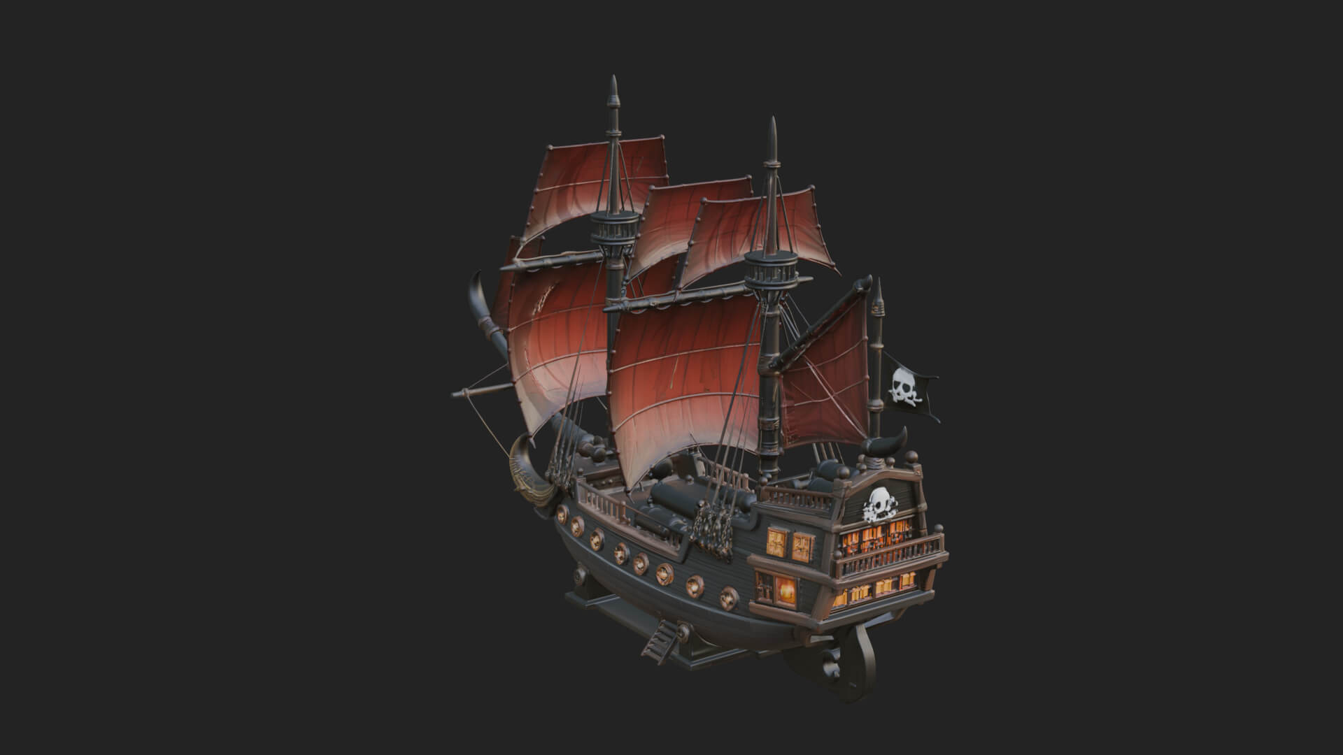 Red Sail Pirate Ship Model Design 1 3D Print Model 3D Model