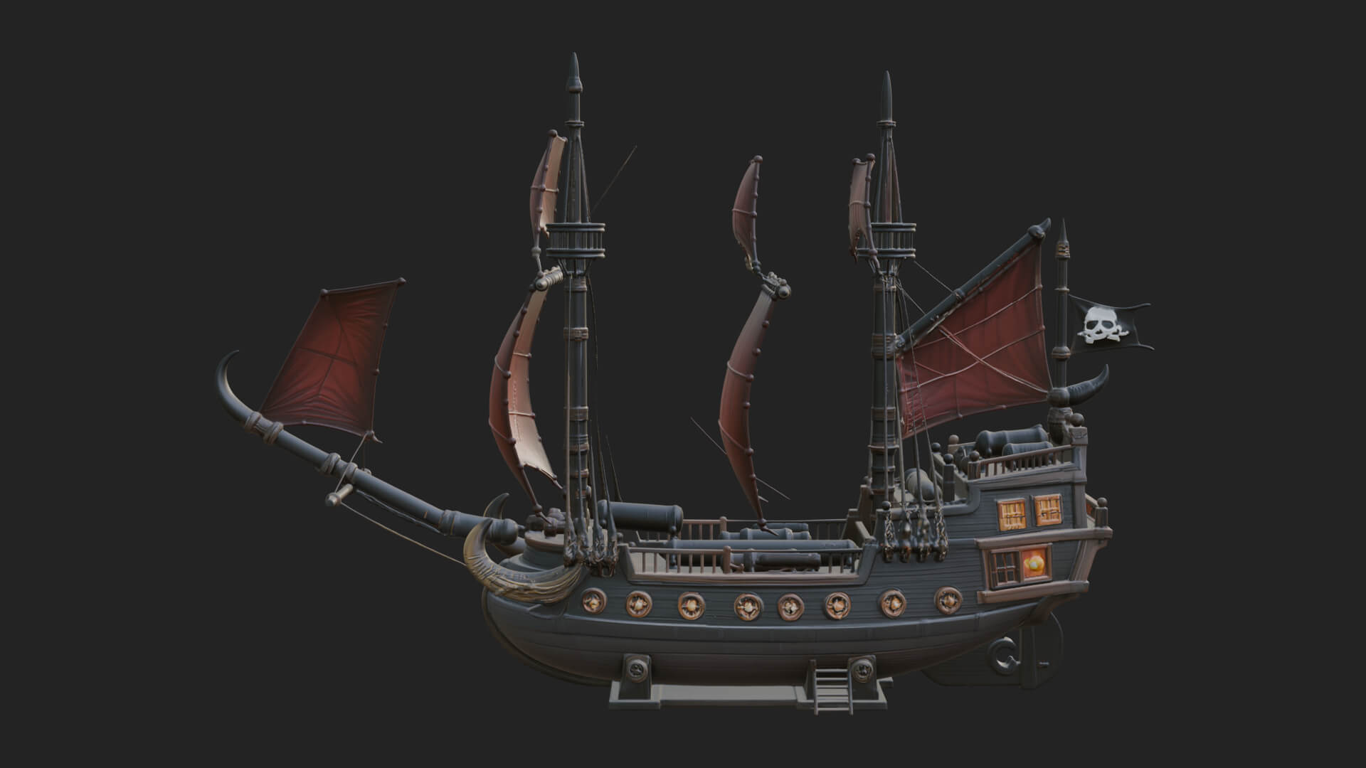 Red Sail Pirate Ship Model Design 1 3D Print Model 3D Model