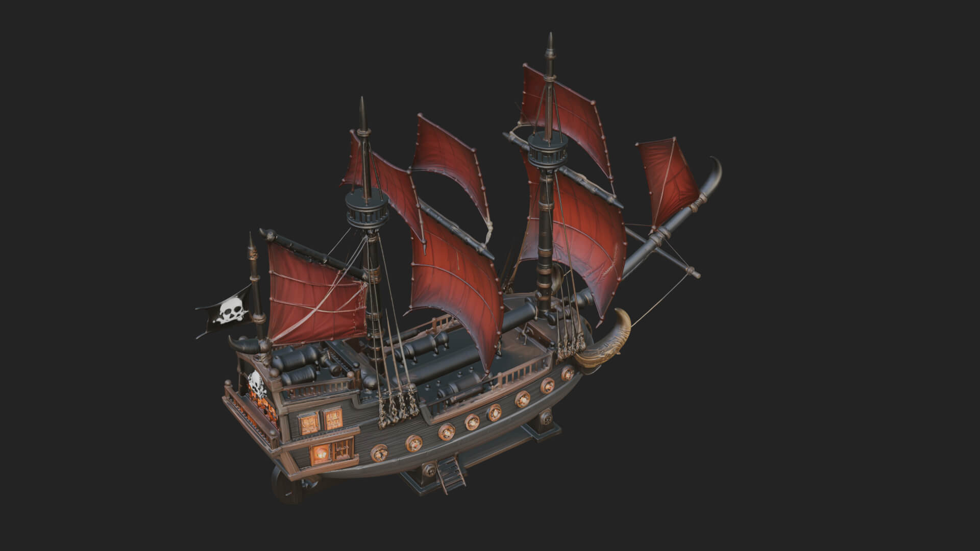 Red Sail Pirate Ship Model Design 1 3D Print Model 3D Model