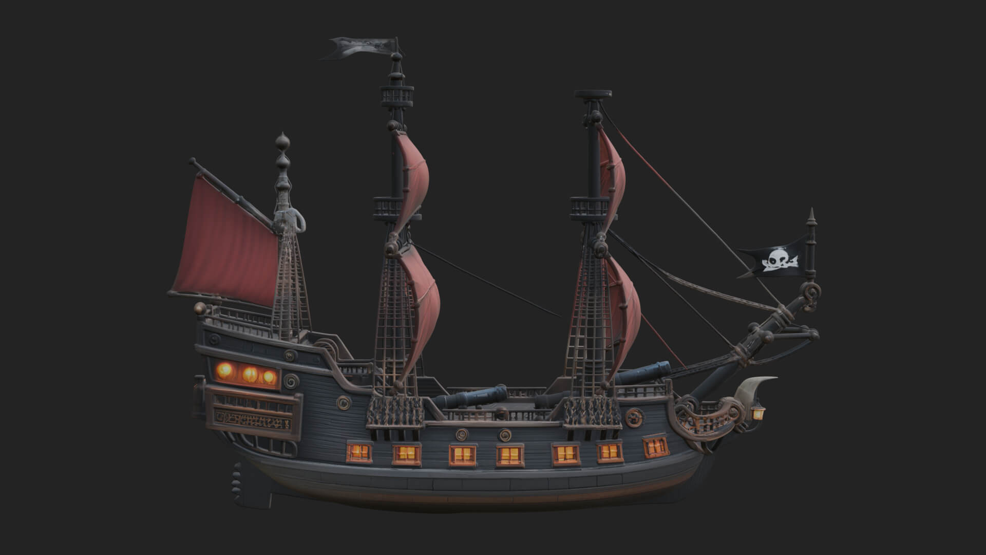 Red Sail Pirate Ship Model Design 2 3D Print Model 3D Model