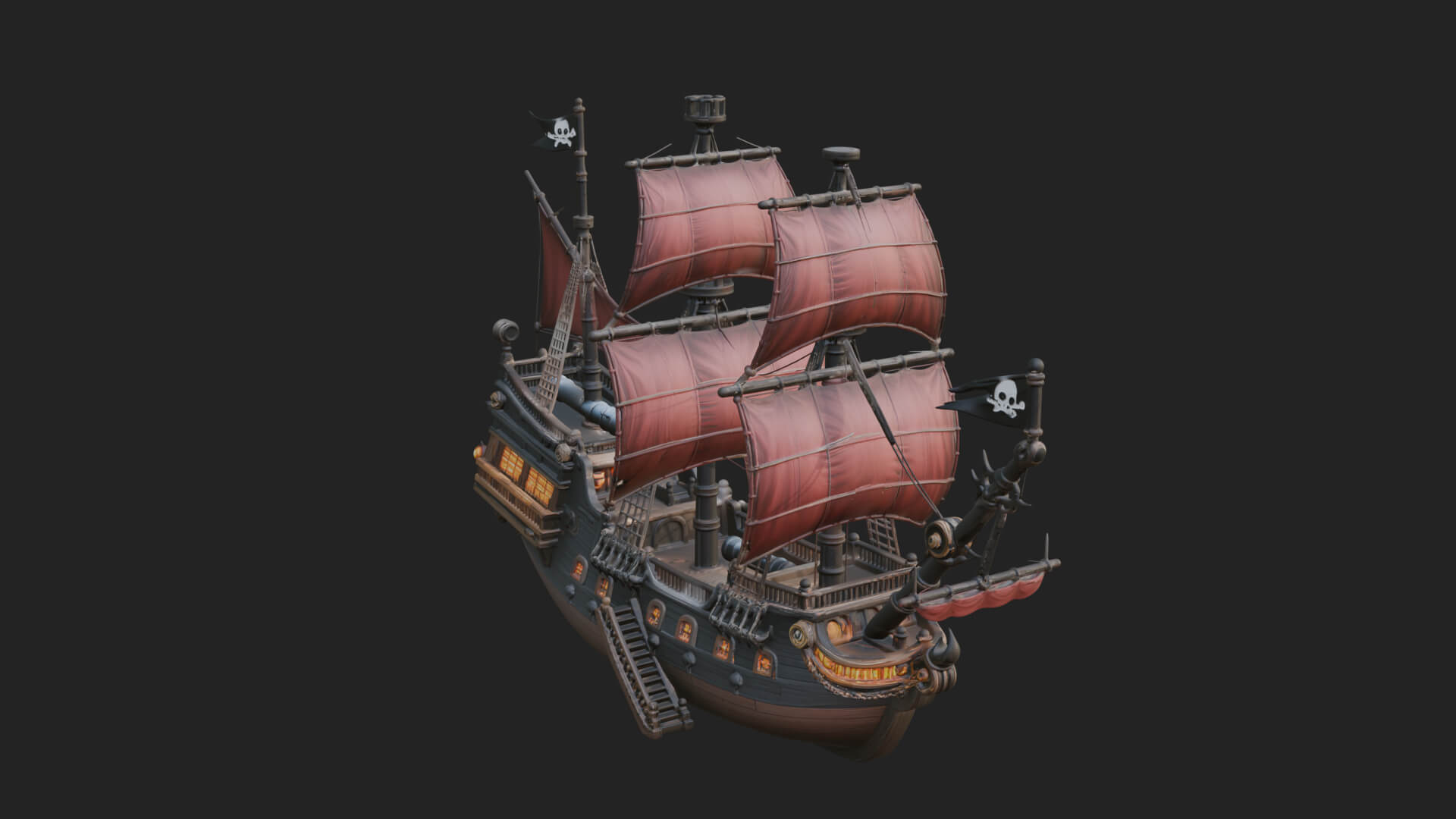 Red Sail Pirate Ship Model Design 3 3D Print Model 3D Model