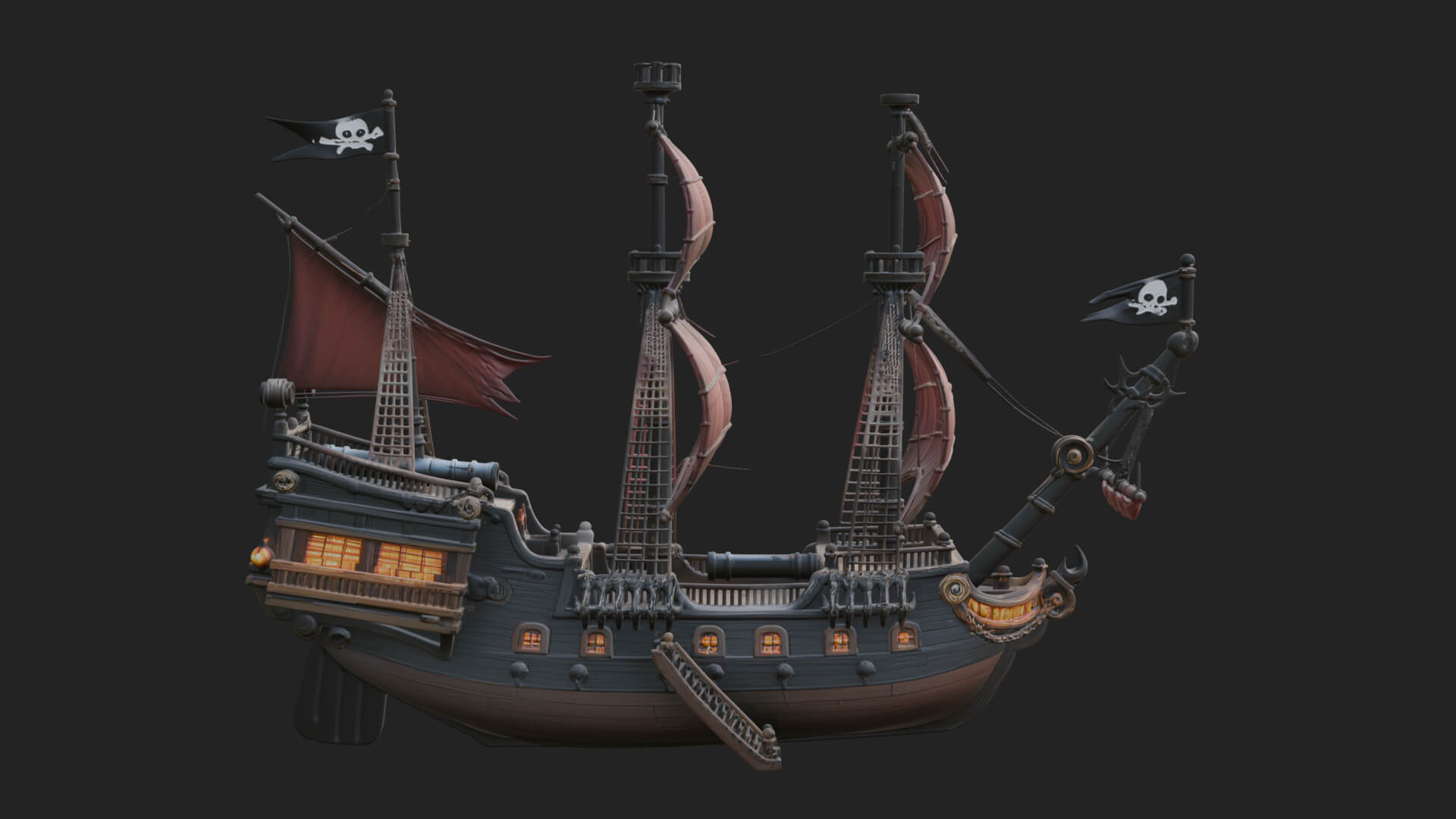 Red Sail Pirate Ship Model Design 3 3D Print Model 3D Model