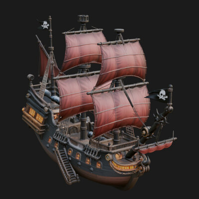 Red Sail Pirate Ship Model Design 3 3D Print Model