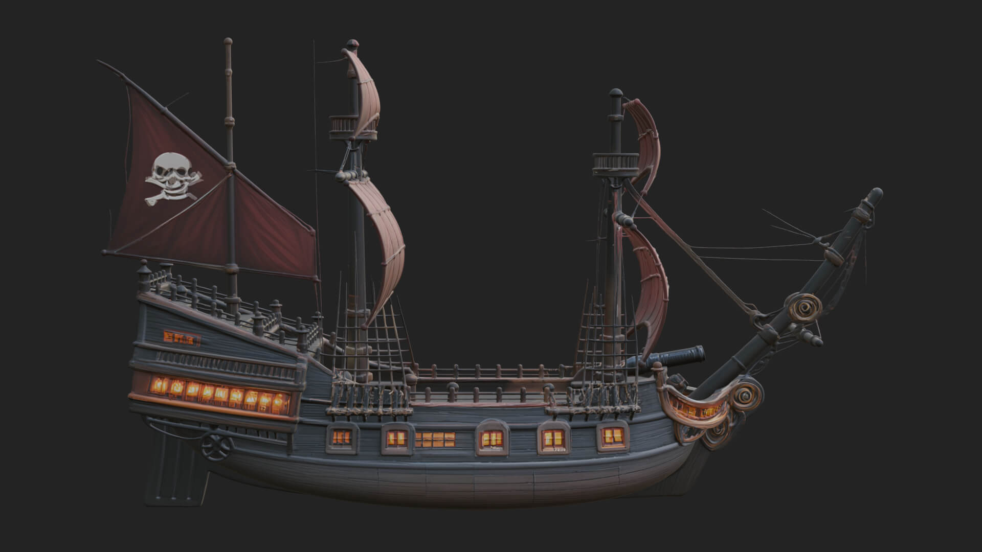 Red Sail Pirate Ship Model Design 4 3D Print Model 3D Model