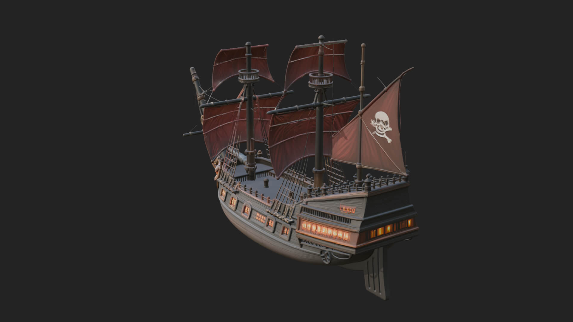 Red Sail Pirate Ship Model Design 4 3D Print Model 3D Model