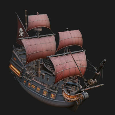 Red Sail Pirate Ship Model Design 4 3D Print Model