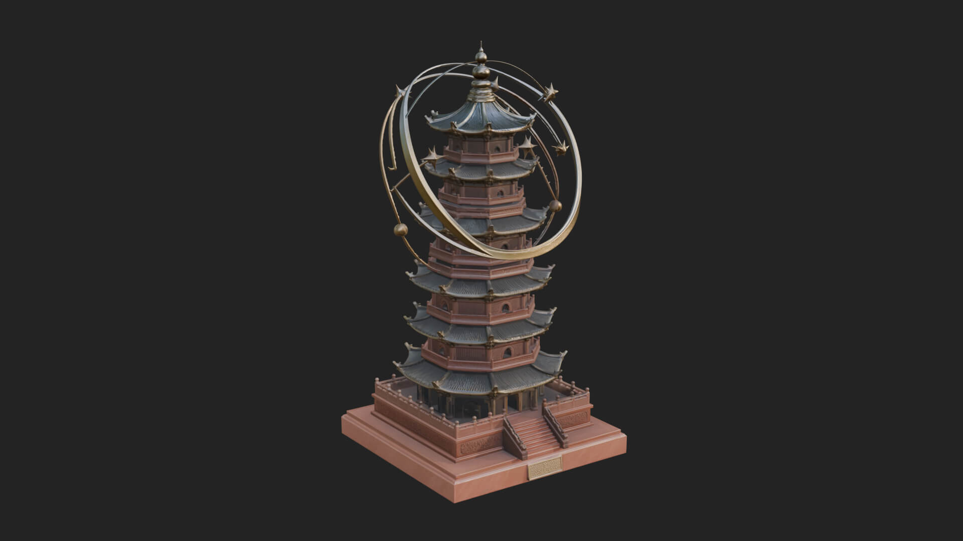 Ringed Orbit Pagoda Tower Design 1 3D Print Model 3D Model