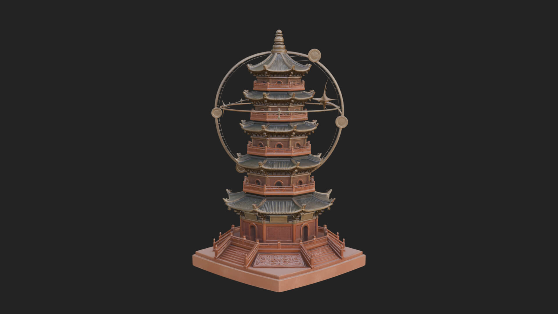 Ringed Orbit Pagoda Tower Design 2 3D Print Model 3D Model