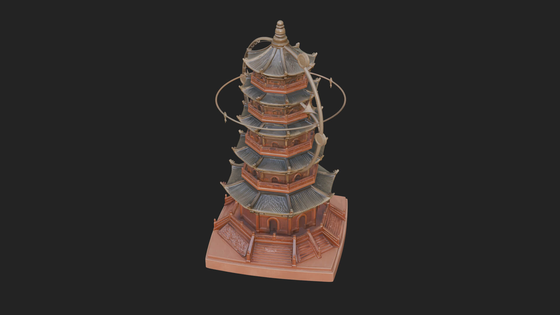 Ringed Orbit Pagoda Tower Design 2 3D Print Model 3D Model