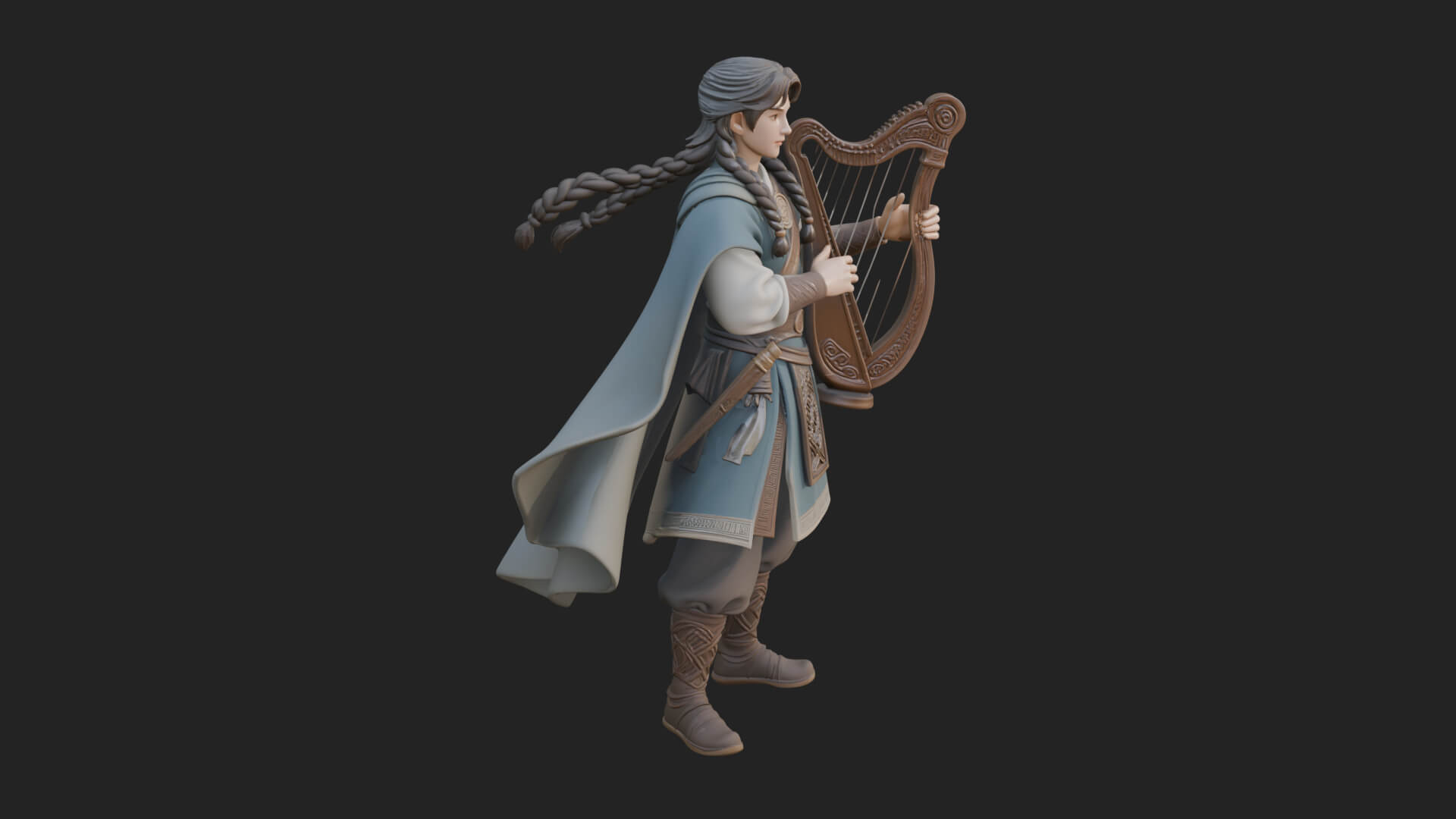 Robed Bard with Harp Statue Design 1 3D Print Model 3D Model