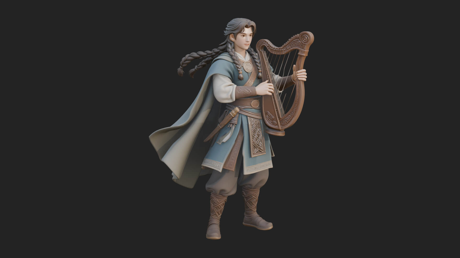 Robed Bard with Harp Statue Design 1 3D Print Model 3D Model
