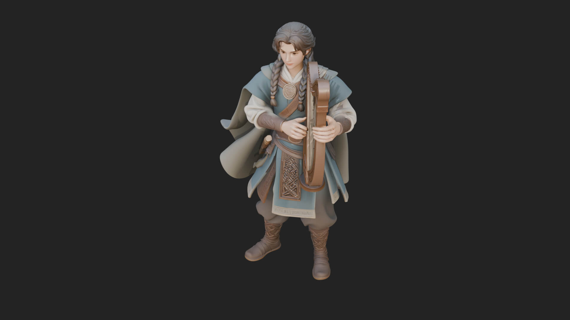 Robed Bard with Harp Statue Design 1 3D Print Model 3D Model
