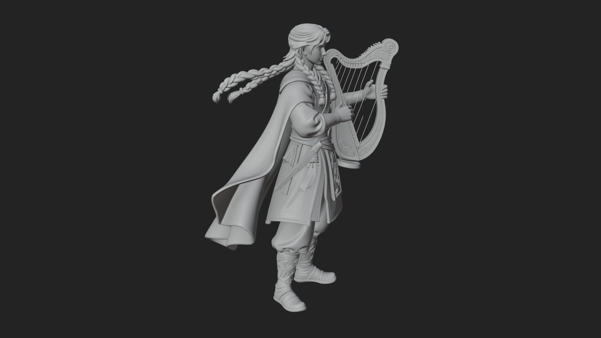 Robed Bard with Harp Statue Design 1 3D Print Model 3D Model
