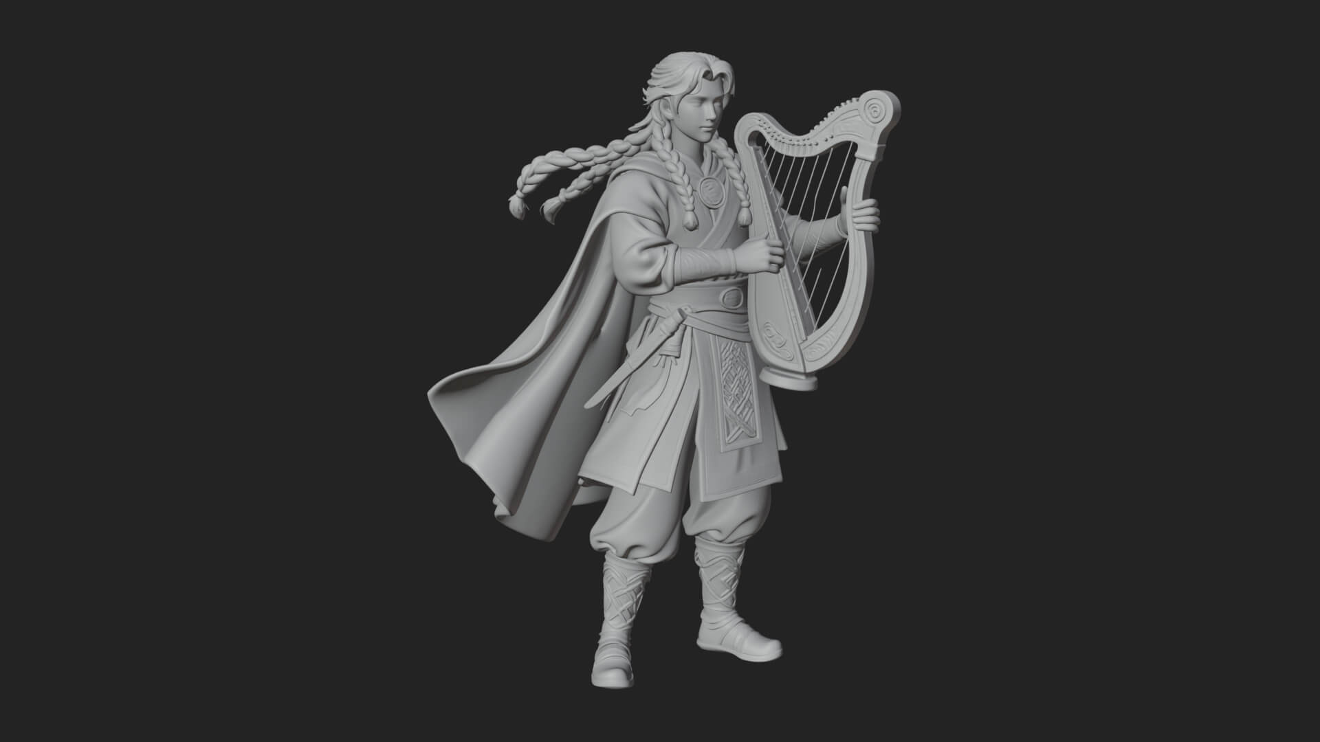Robed Bard with Harp Statue Design 1 3D Print Model 3D Model
