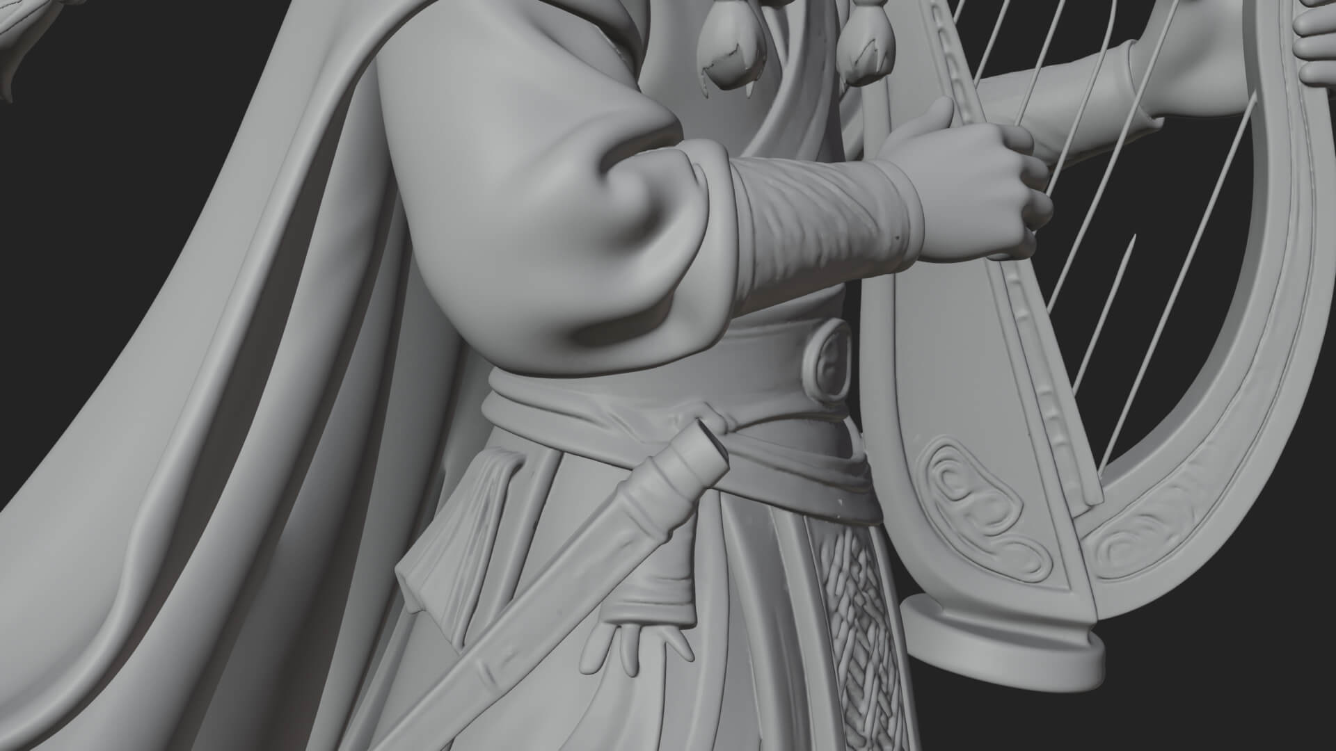 Robed Bard with Harp Statue Design 1 3D Print Model 3D Model