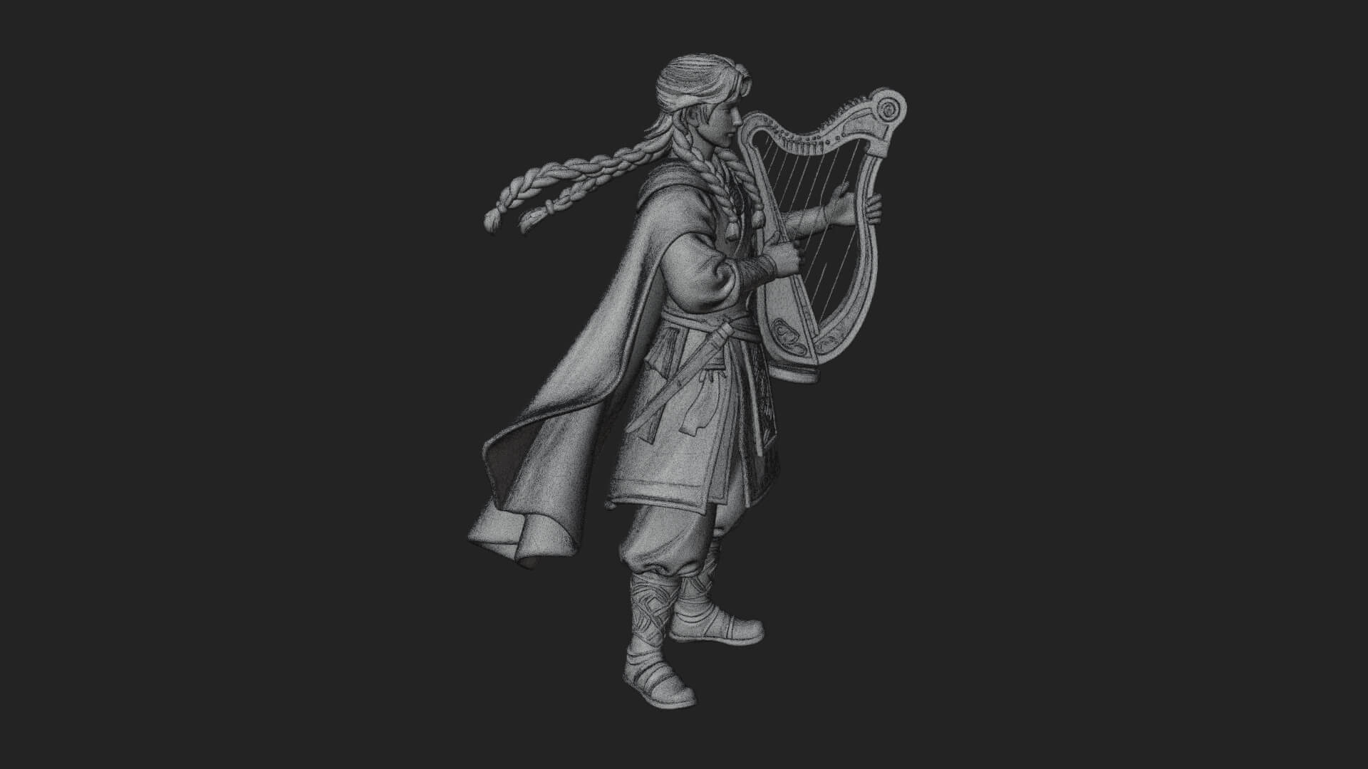 Robed Bard with Harp Statue Design 1 3D Print Model 3D Model