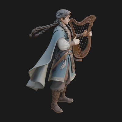 Robed Bard with Harp Statue Design 1 3D Print Model
