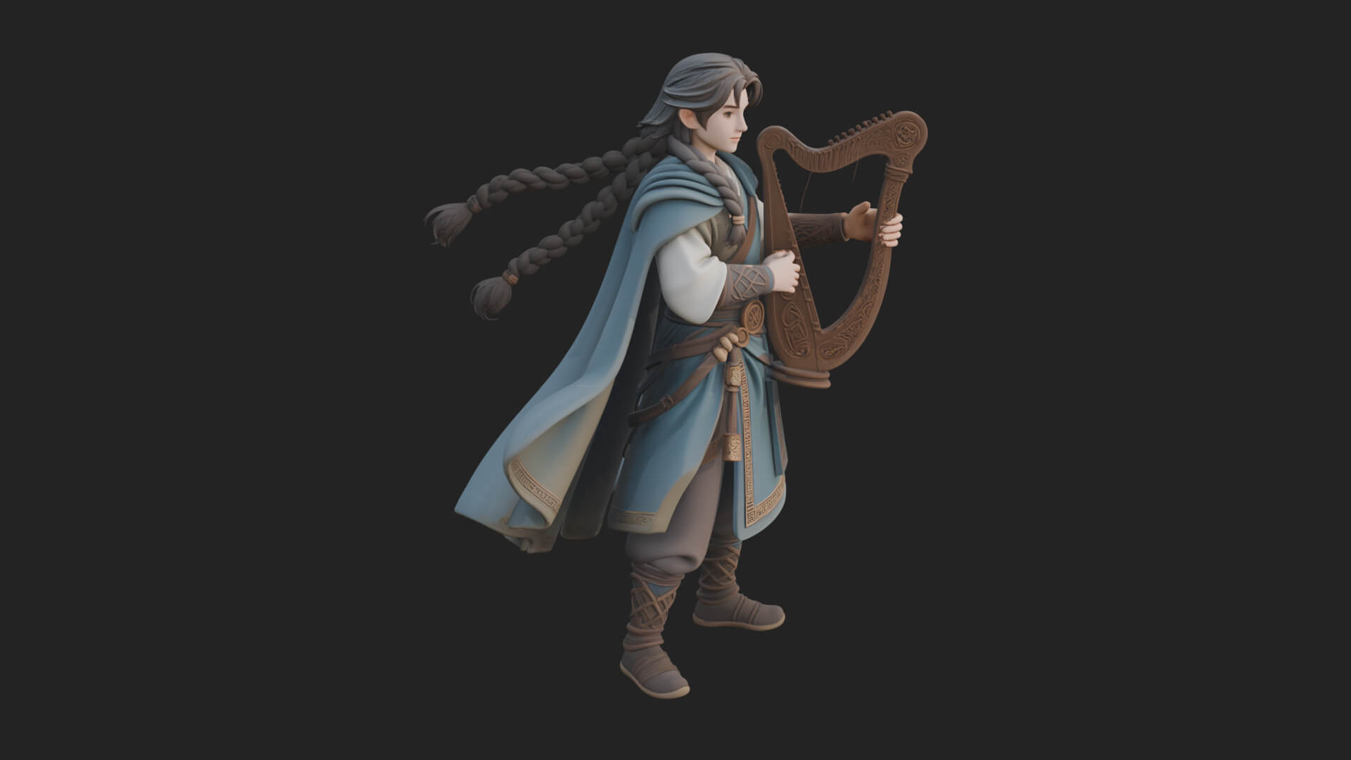Robed Bard with Harp Statue Design 2 3D Print Model 3D Model