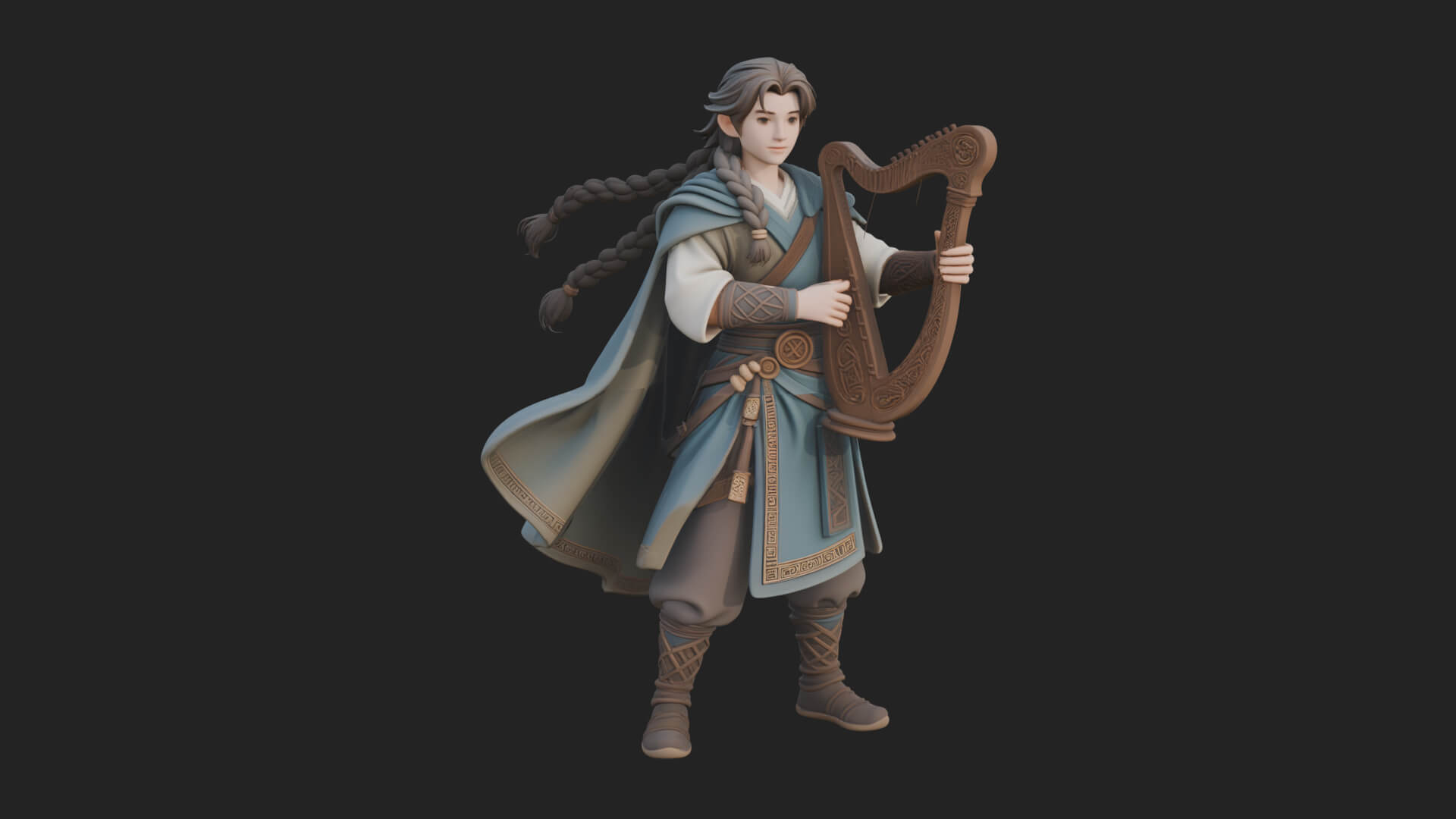Robed Bard with Harp Statue Design 2 3D Print Model 3D Model