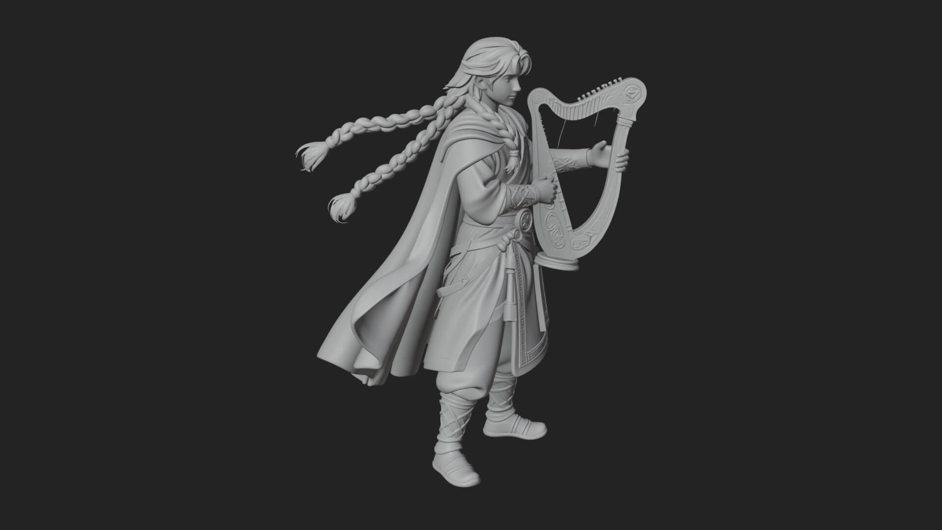 Robed Bard with Harp Statue Design 2 3D Print Model 3D Model