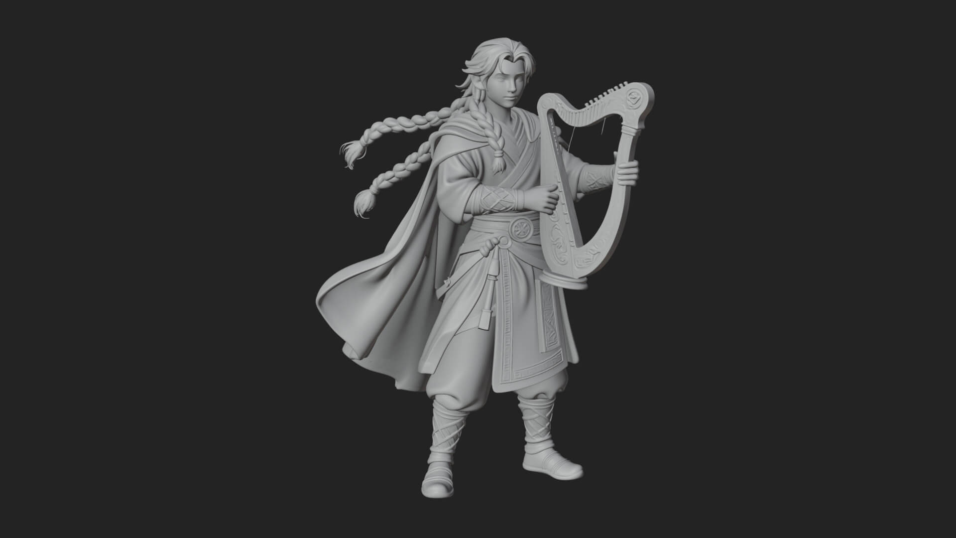 Robed Bard with Harp Statue Design 2 3D Print Model 3D Model