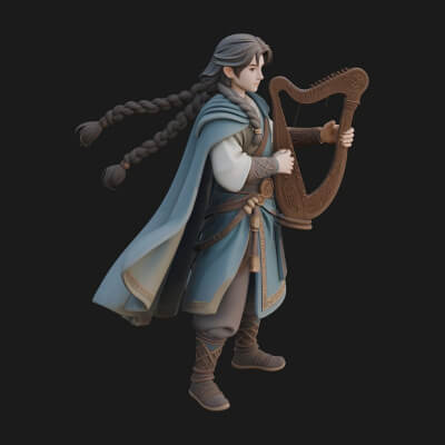 Robed Bard with Harp Statue Design 2 3D Print Model