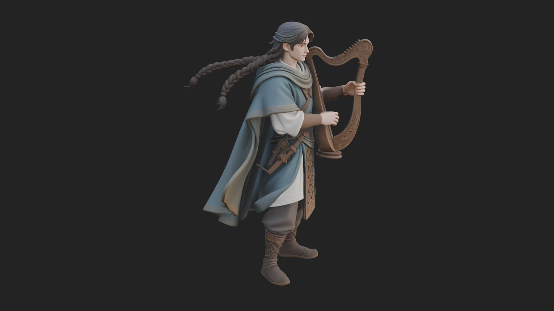 Robed Bard with Harp Statue Design 3 3D Print Model 3D Model