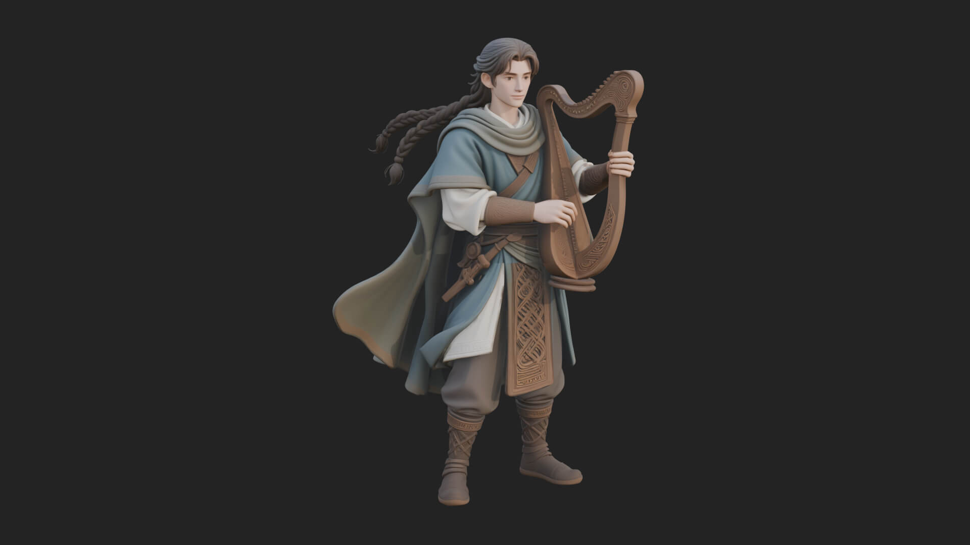 Robed Bard with Harp Statue Design 3 3D Print Model 3D Model