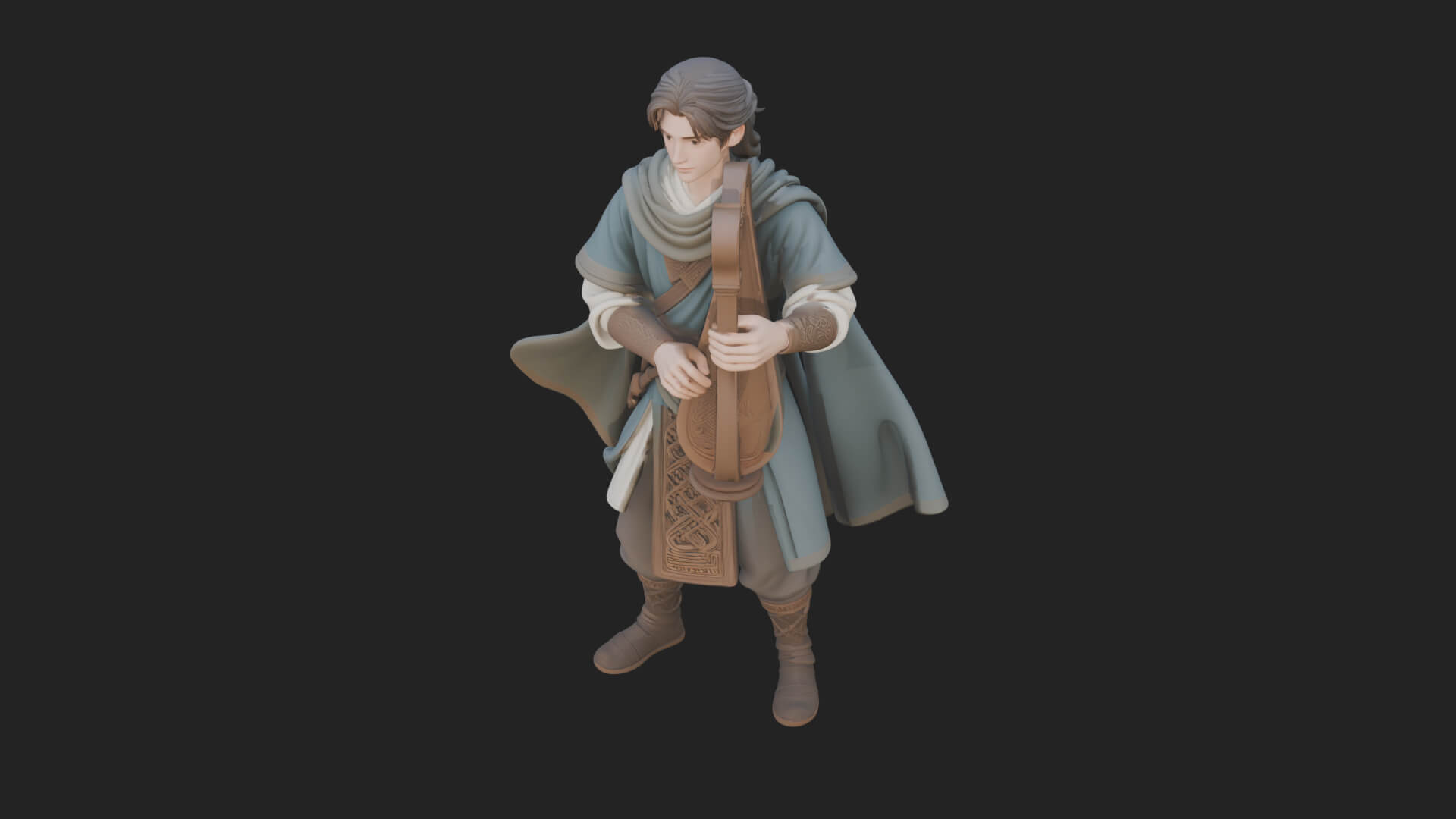 Robed Bard with Harp Statue Design 3 3D Print Model 3D Model