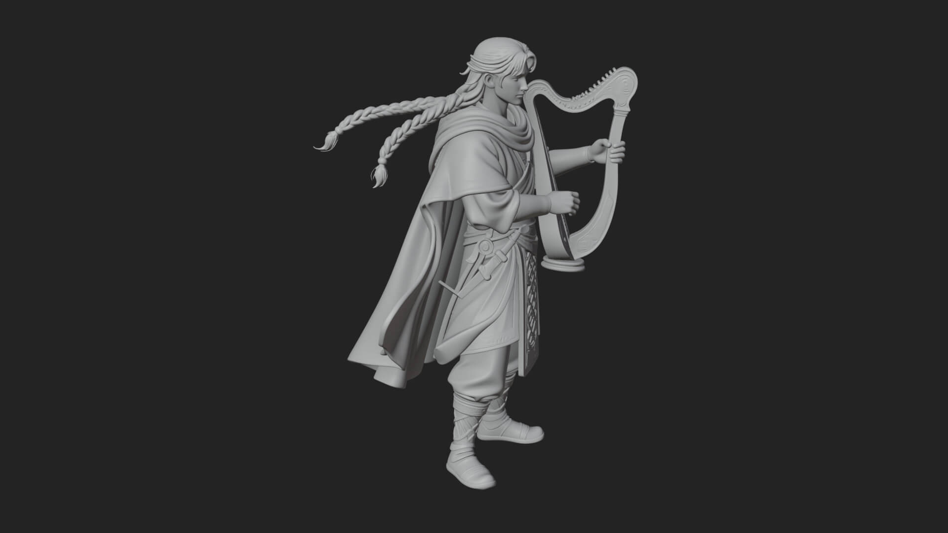 Robed Bard with Harp Statue Design 3 3D Print Model 3D Model