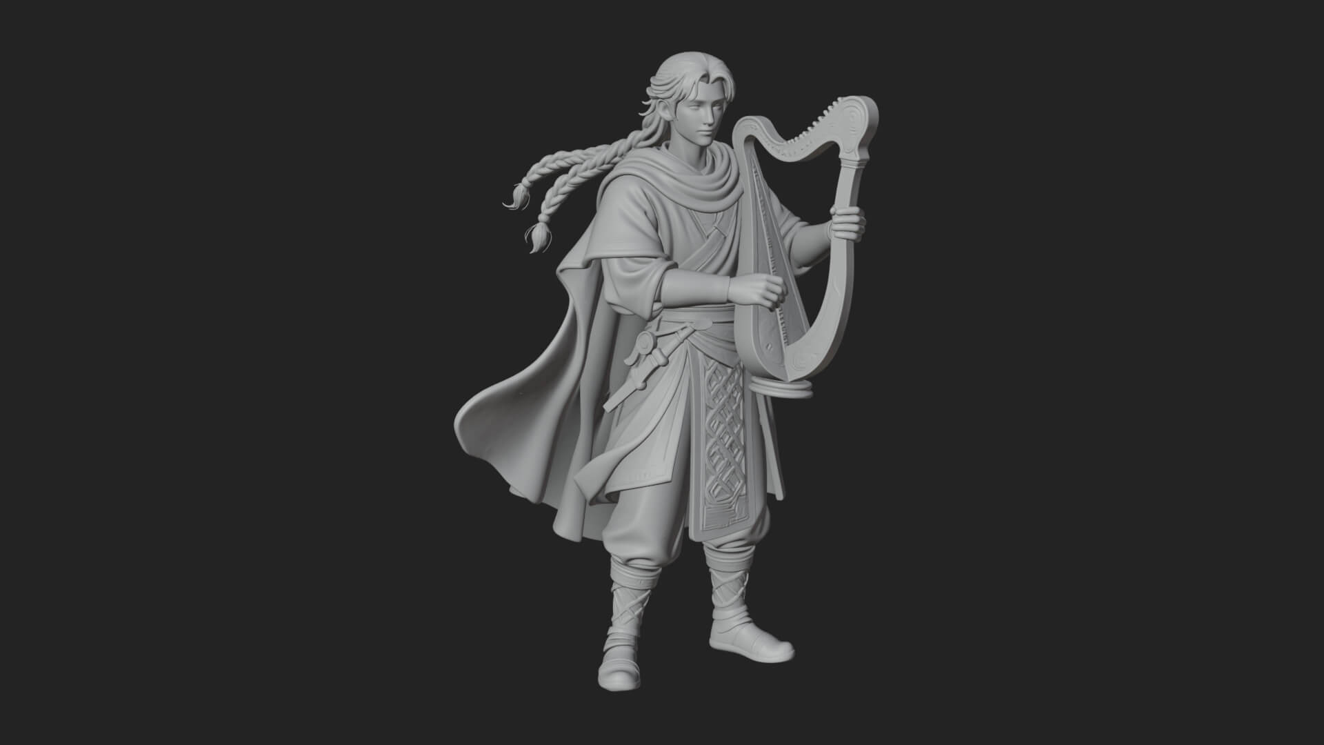 Robed Bard with Harp Statue Design 3 3D Print Model 3D Model