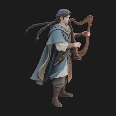 Robed Bard with Harp Statue Design 3 3D Print Model