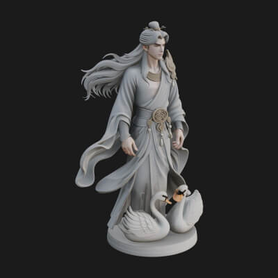 Robed Elf with Swans Statue Design 1 3D Print Model
